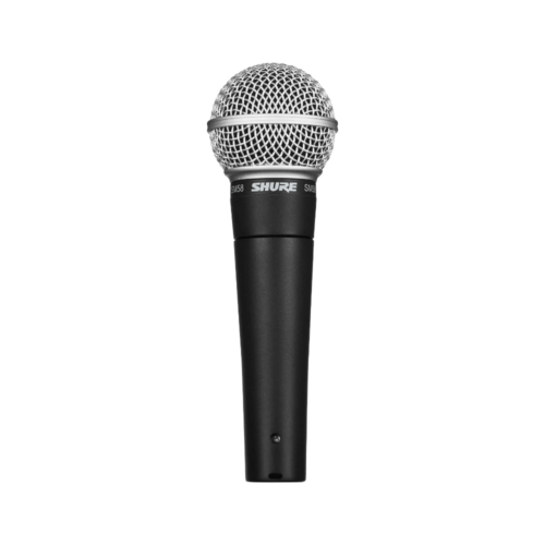Microphone dynamique Shure SM58 sur fond blanc.