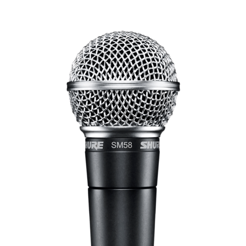 Microphone dynamique Shure SM58 sur fond blanc.