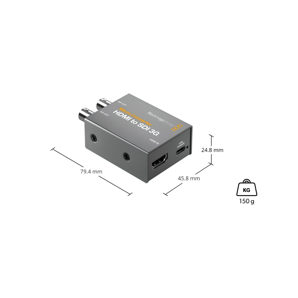 Convertisseur Blackmagic Design HDMI vers SDI 3G, dimensions et poids.