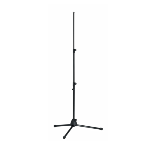 Pied de microphone droit noir avec base à trois pieds.
