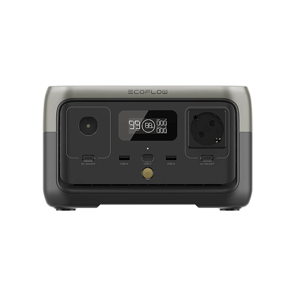 Façade batterie EcoFlow River 2 avec prise secteur 300W et ports USB-C pour recharge rapide