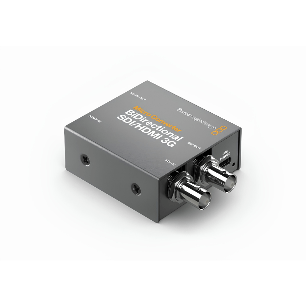 Boîtier de conversion vidéo Blackmagic SDI/HDMI 3G pour location de matériel audiovisuel, vue en perspective.