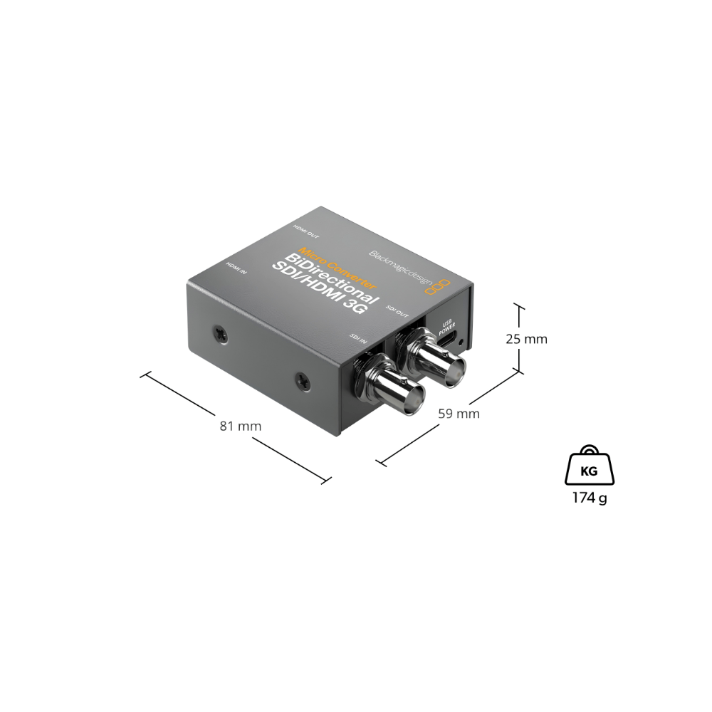 Micro convertisseur bidirectionnel Blackmagic 3G avec annotations de dimensions (81x59x25 mm) et de poids (174 g) sur fond blanc.