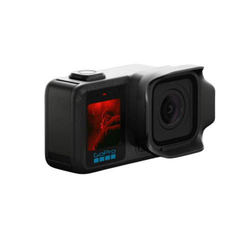 Caméra GoPro noire avec écran allumé et module d'objectif.